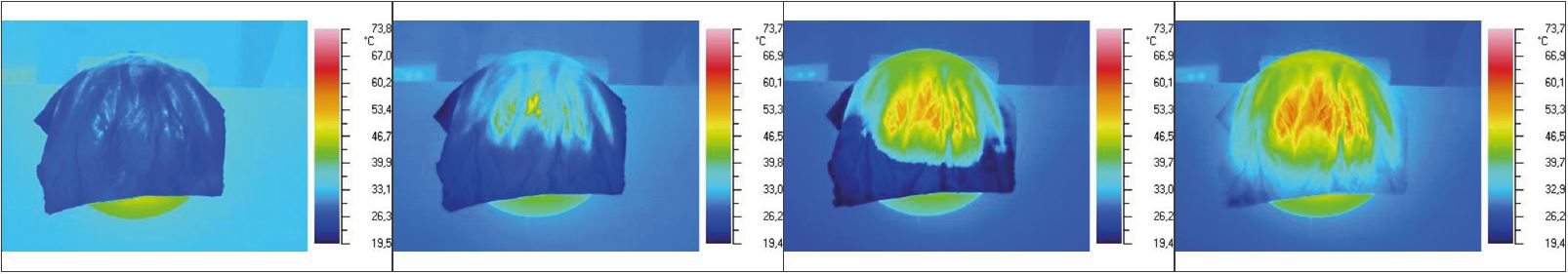 Caratteristiche tecniche I prodotti HOM utilizzano una innovativa piastrella sinterizzata che ingloba al suo interno una resistenza elettrica; una tecnologia proprietaria nata dopo tre anni di ricerche in collaborazione con il dipartimento di scienza dei materiali del Politecnico di Torino che rappresenta la più avanzata tecnologia nel campo del riscaldamento elettrico. Isolamento in classe 2 (apparecchi intrinsecamente sicuri perché dotati per costruzione di un doppio isolamento elettrico). Isolamento dielettrico maggiore di 3000 V. Assorbimento di acqua < 0,1% dopo 24 ore di immersione. A HOM interessano le superfici… e la loro temperatura I prodotti HOM sono stati pensati e progettati per trasferire nel minor tempo possibile la massima quantità di calore agli oggetti attraverso le superfici. Nelle immagini la sequenza rilevata con termografia all'infrarosso dell’asciugatura e successivo riscaldamento di un telo bagnato appoggiato su SHIELD.